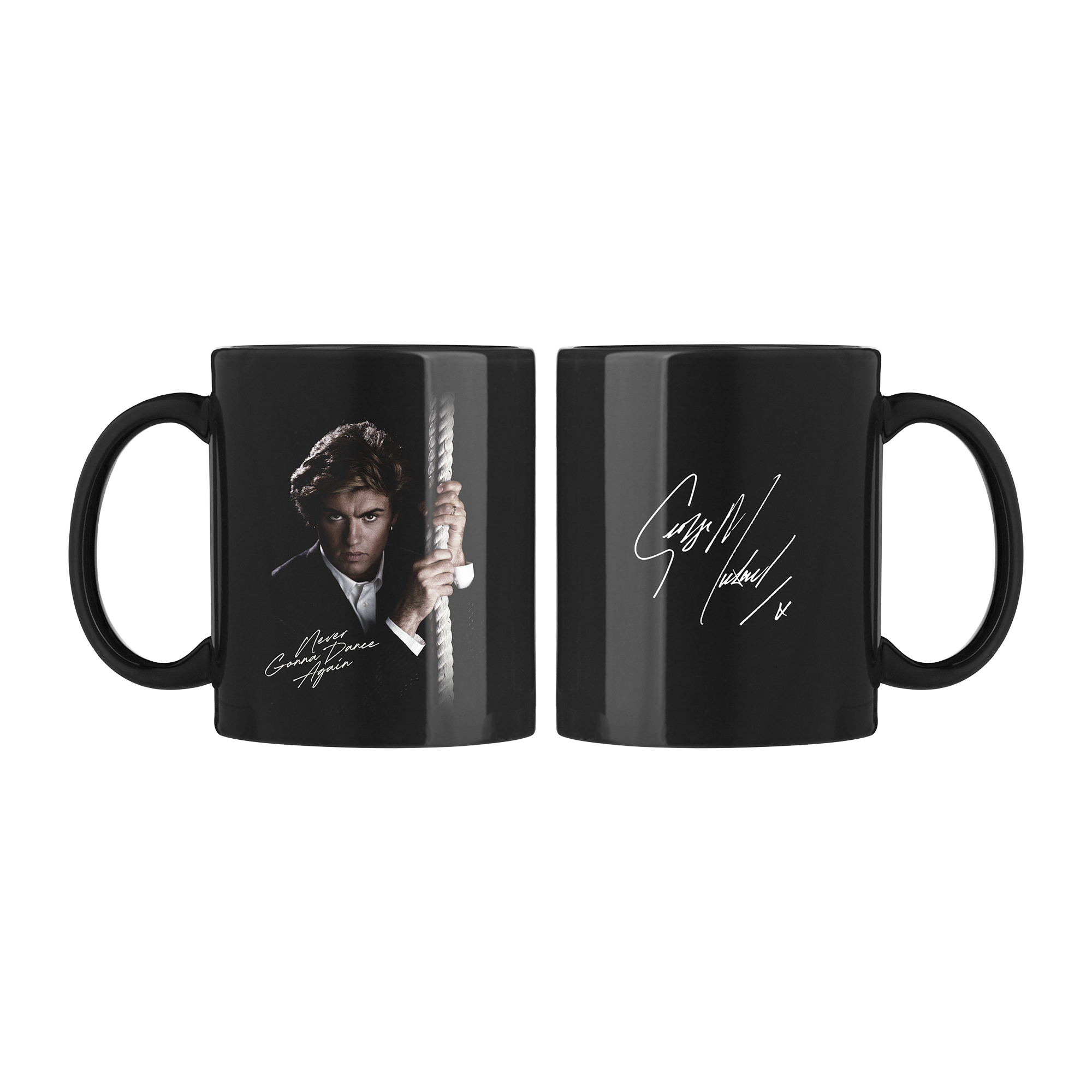 Black ceramic mug with Careless Whisper photo print, lyrics and George Michael handwriting
