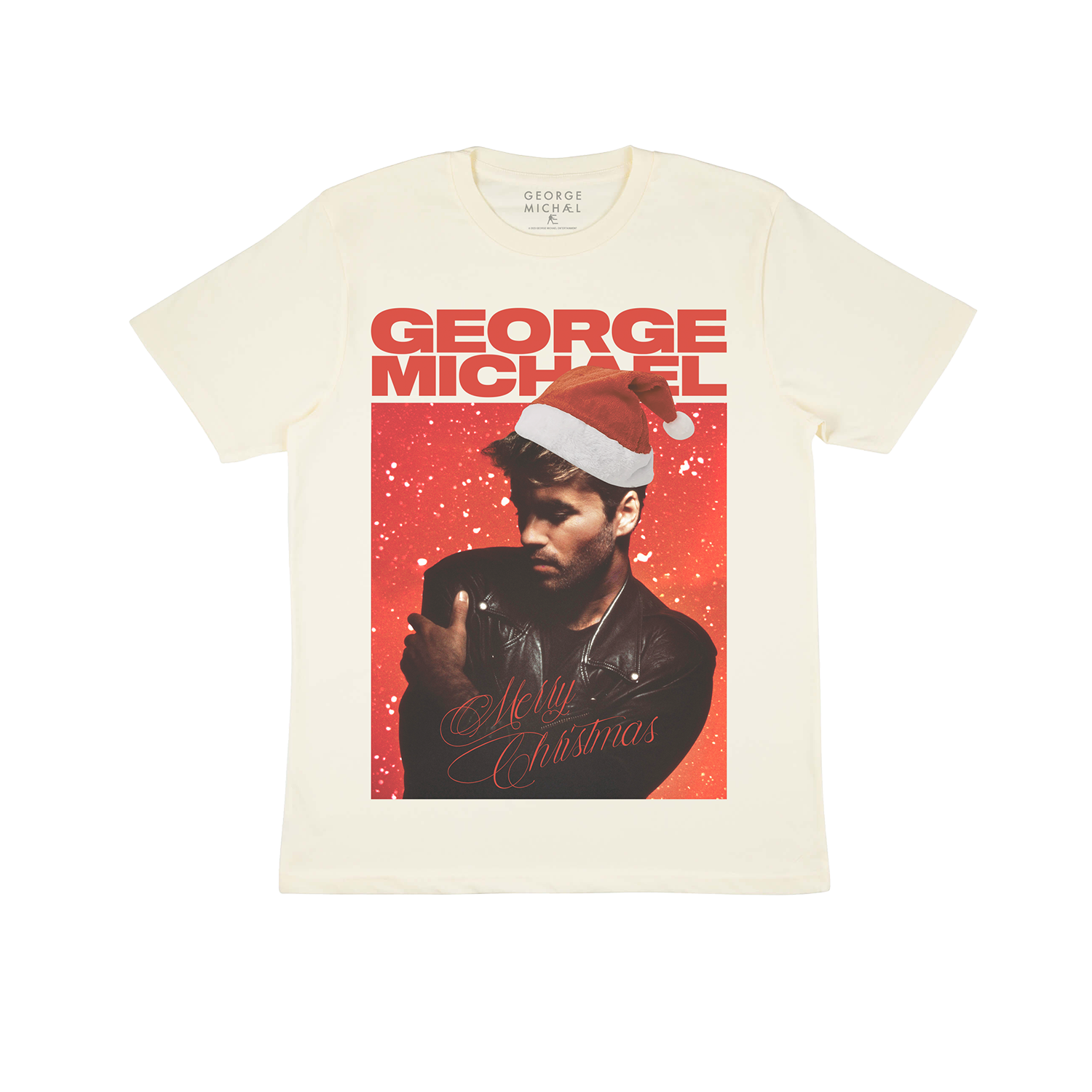 Ecru T-shirt with George Michael 'Merry Christmas' print featuring an image of George Michael wearing a Santa hat against a red background.