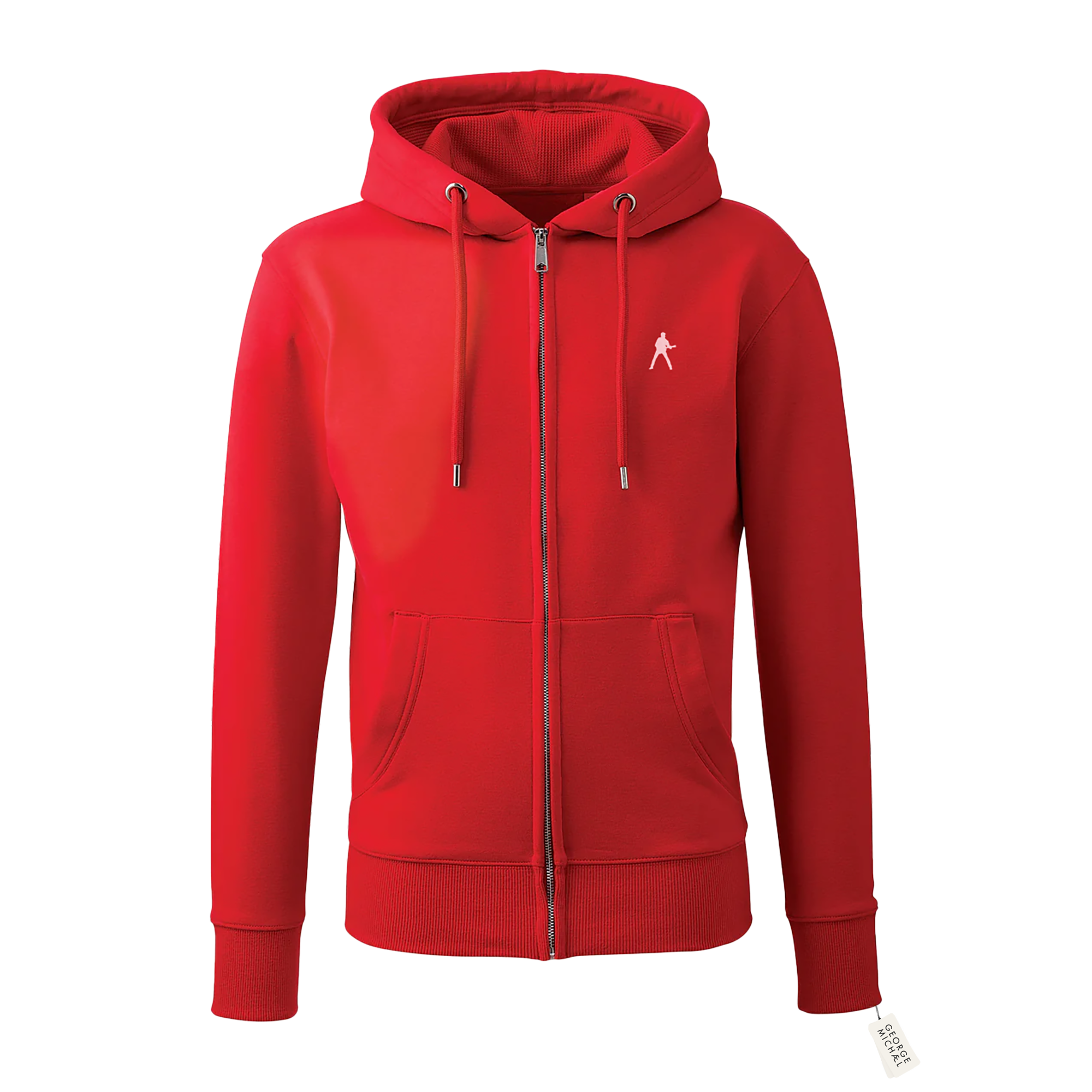 Red Hoodie with Zip, drawstrings and small George Michael White Logo Design