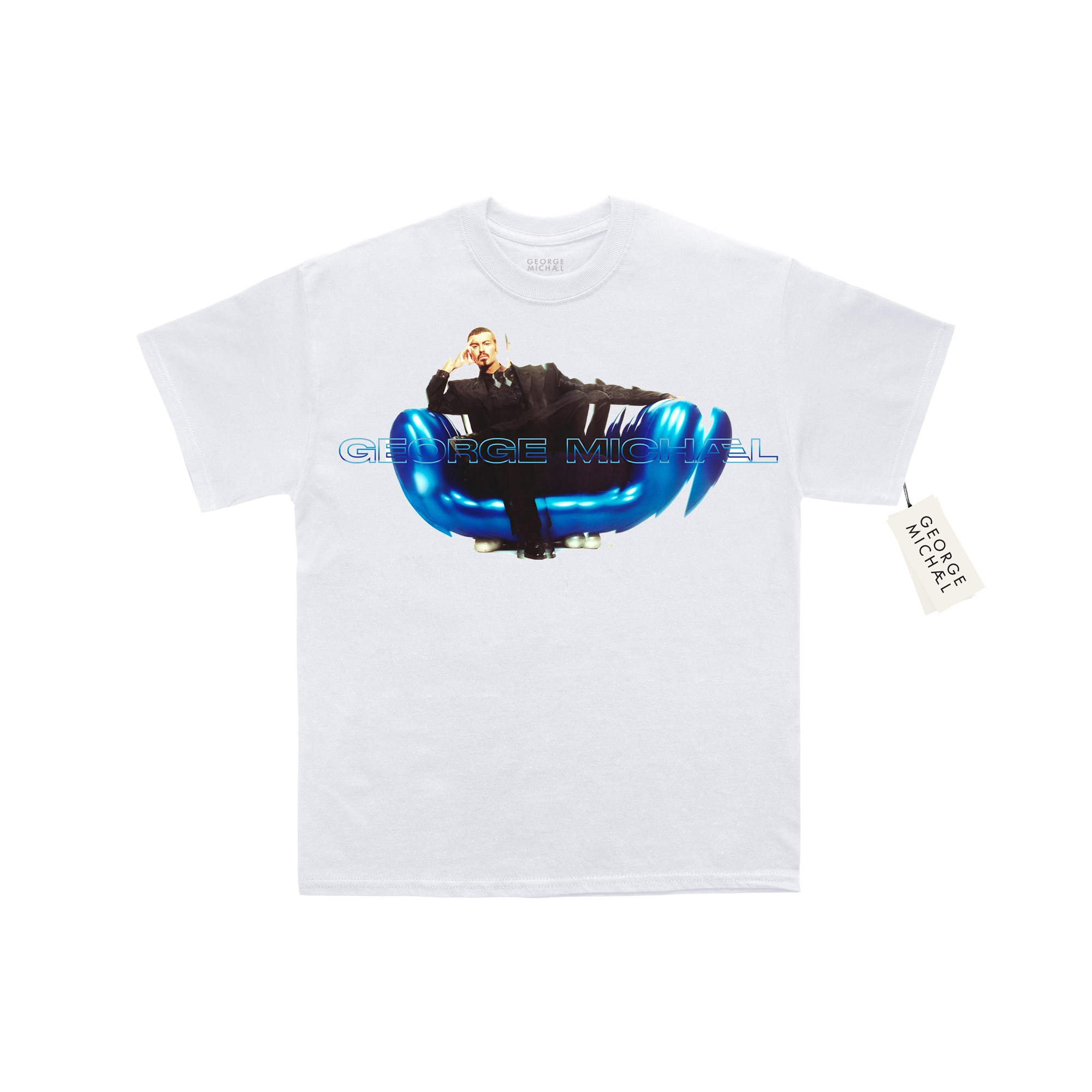 White T-Shirt with a photo print of a blue sofa that George Michael is sitting on