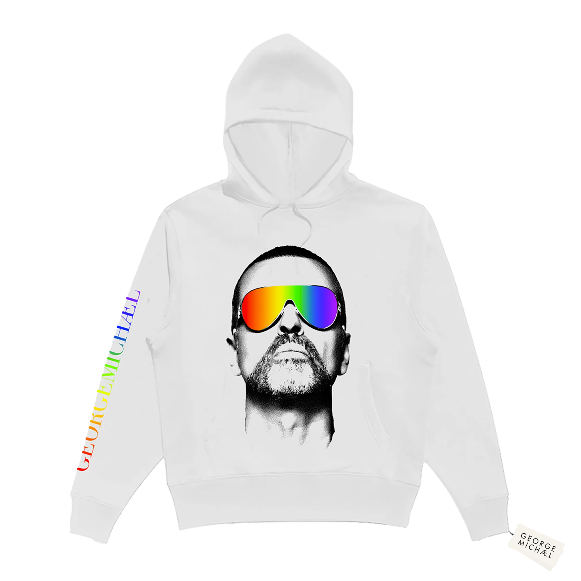 White hoodie with George Michael's face printed in black and white wearing rainbow contrast sunglasses. Sleeve also has the George Michael logo in rainbow coloured font.