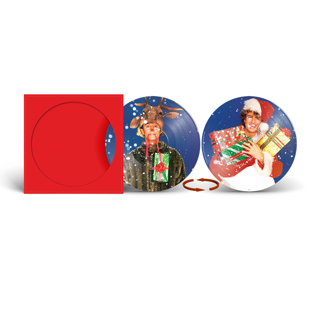 Last Christmas Picture Disc with WHAM! Band members on either side wearing festive outfits. Packaged in a red vinyl sleeve